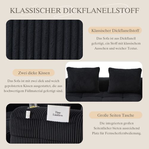 Canapé 2 Places En Velours Côtelé Noir, Coussins Doux Avec Porte-gobelets Intégrés