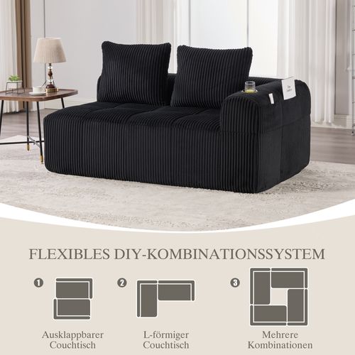 Canapé 2 Places En Velours Côtelé Noir, Coussins Doux Avec Porte-gobelets Intégrés