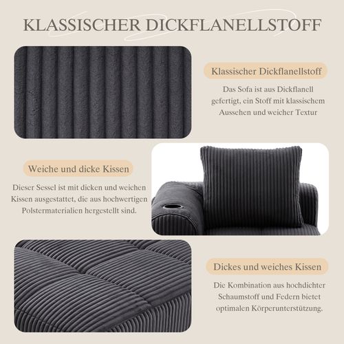 Canapé En Velours Côtelé Gris Foncé, Confortable Avec Rangement Latéral Et Porte-gobelets Intégré