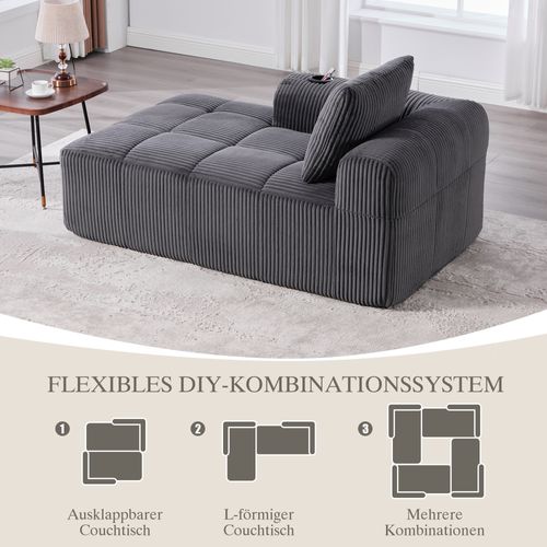 Canapé En Velours Côtelé Gris Foncé, Confortable Avec Rangement Latéral Et Porte-gobelets Intégré