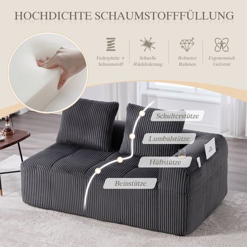 Canapé 2 Places En Velours Côtelé Gris Foncé, Coussins Doux Avec Porte-gobelets Intégrés