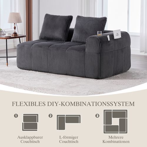 Canapé 2 Places En Velours Côtelé Gris Foncé, Coussins Doux Avec Porte-gobelets Intégrés