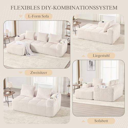 Canapé Compact Modulable En Velours Côtelé Beige Avec Porte-gobelets Et Poches Latérales
