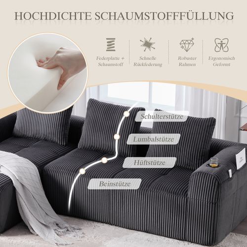 Canapé Compact Modulable En Velours Côtelé Gris Foncé Avec Porte-gobelets Et Poches Latérales