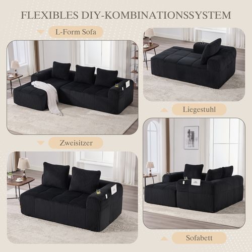 Canapé Compact Modulable En Velours Côtelé Noir Avec Porte-gobelets Et Poches Latérales