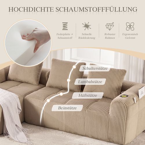 Canapé Compact Modulable En Velours Côtelé Kaki Avec Porte-gobelets Et Poches Latérales