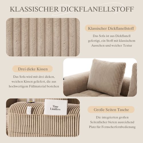 Canapé Compact Modulable En Velours Côtelé Kaki Avec Porte-gobelets Et Poches Latérales