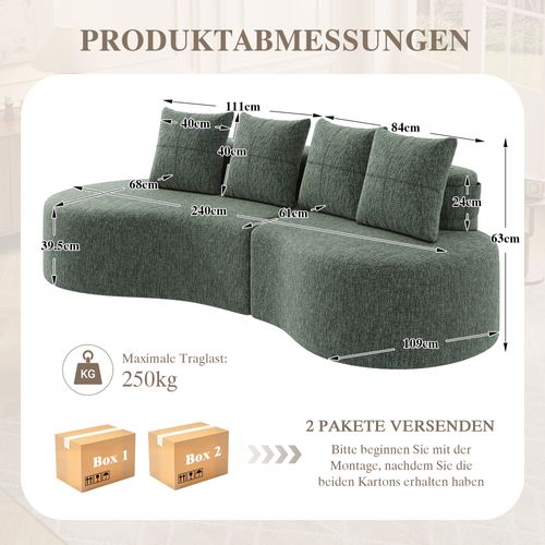 Canapé En Tissu Lin Vert Avec 4 Coussins, Porte-gobelets Et Poches Latérales, Assise Confortable
