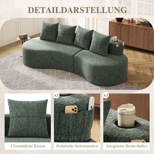 Canapé En Tissu Lin Vert Avec 4 Coussins, Porte-gobelets Et Poches Latérales, Assise Confortable