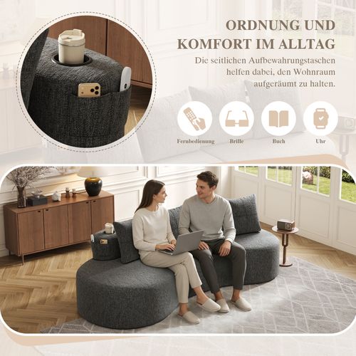 Canapé En Tissu Lin Gris Foncé Avec 4 Coussins, Porte-gobelets Et Poches Latérales, Confortable