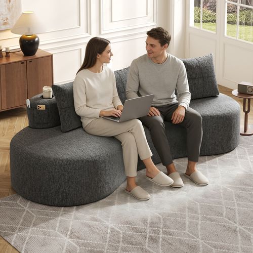 Canapé En Tissu Lin Gris Foncé Avec 4 Coussins, Porte-gobelets Et Poches Latérales, Confortable