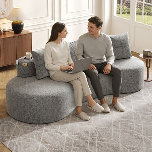 Canapé En Tissu Lin Gris Clair Avec 4 Coussins, Porte-gobelets Et Poches Latérales, Confortable