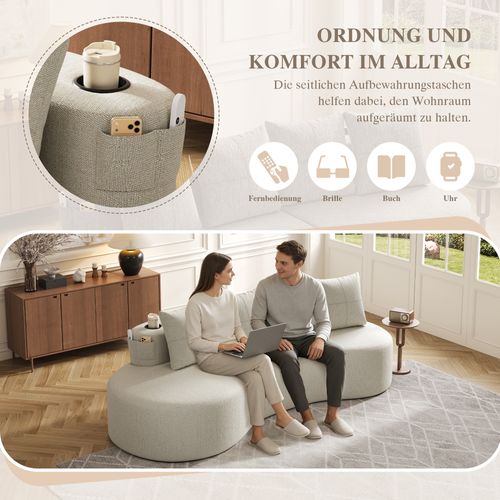Canapé En Tissu Lin Beige Avec 4 Coussins, Porte-gobelets Et Poches Latérales, Assise Confortable