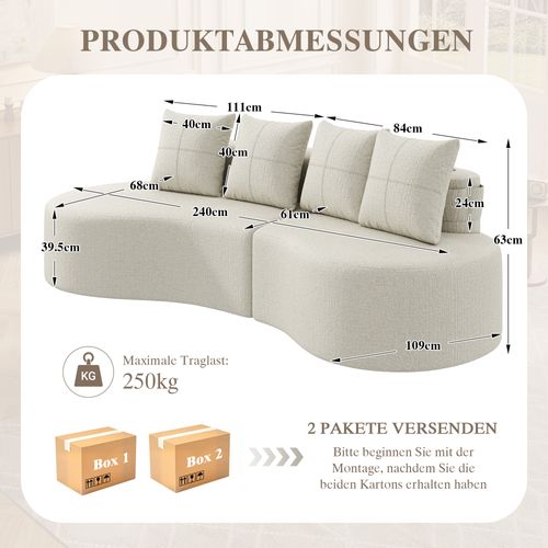 Canapé En Tissu Lin Beige Avec 4 Coussins, Porte-gobelets Et Poches Latérales, Assise Confortable
