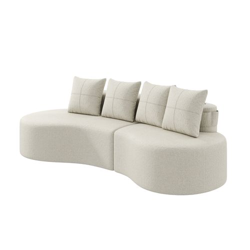 Canapé En Tissu Lin Beige Avec 4 Coussins, Porte-gobelets Et Poches Latérales, Assise Confortable