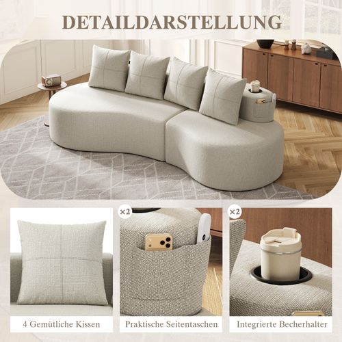Canapé En Tissu Lin Beige Avec 4 Coussins, Porte-gobelets Et Poches Latérales, Assise Confortable