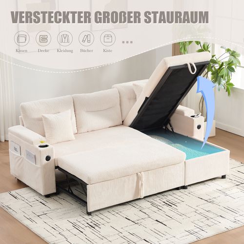 Canapé 3 Places En Lin Beige Avec Méridienne Hydraulique, Lit Tiroir, Ports USB-c Intégrés