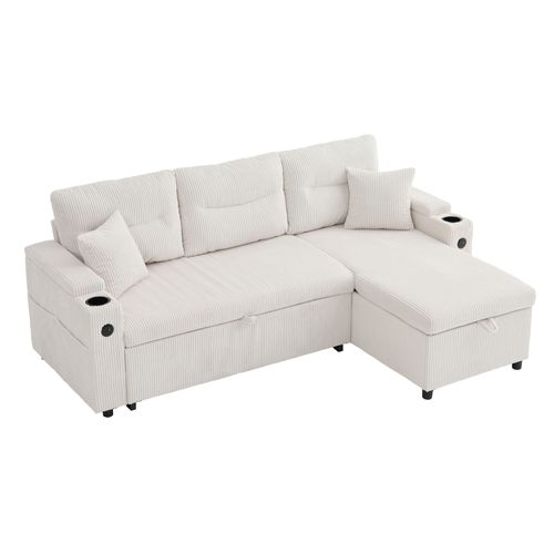 Canapé 3 Places En Lin Beige Avec Méridienne Hydraulique, Lit Tiroir, Ports USB-c Intégrés