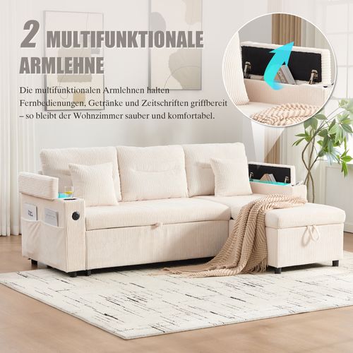 Canapé 3 Places En Lin Beige Avec Méridienne Hydraulique, Lit Tiroir, Ports USB-c Intégrés
