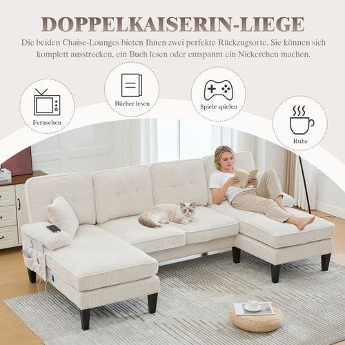 Canapé U 4 Places En Velours Côtelé Beige Avec Double Méridienne, Assise Confortable Et Moderne