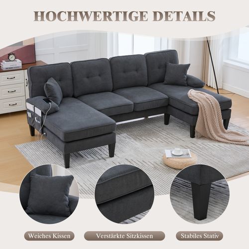 Canapé U 4 Places En Lin Gris Foncé Avec Double Chaise Longue, Coussins Confortables Et Dossier