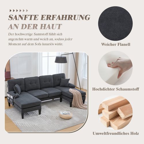 Canapé U 4 Places En Lin Gris Foncé Avec Double Chaise Longue, Coussins Confortables Et Dossier