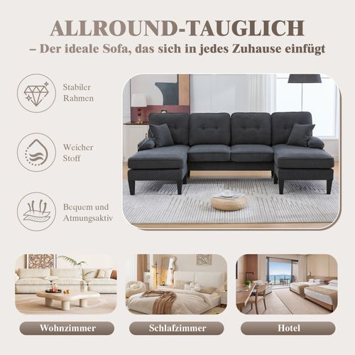 Canapé U 4 Places En Lin Gris Foncé Avec Double Chaise Longue, Coussins Confortables Et Dossier