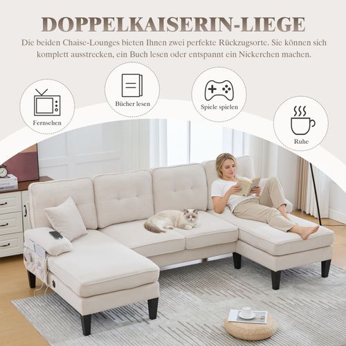 Canapé U 4 Places En Lin Beige Avec Double Chaise Longue, Coussins Confortables Et Dossier Moderne