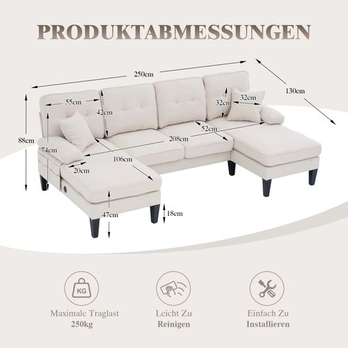 Canapé U 4 Places En Lin Beige Avec Double Chaise Longue, Coussins Confortables Et Dossier Moderne