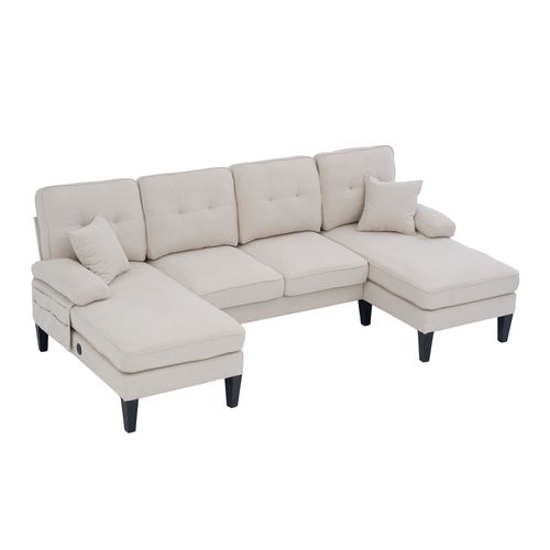 Canapé U 4 Places En Lin Beige Avec Double Chaise Longue, Coussins Confortables Et Dossier Moderne