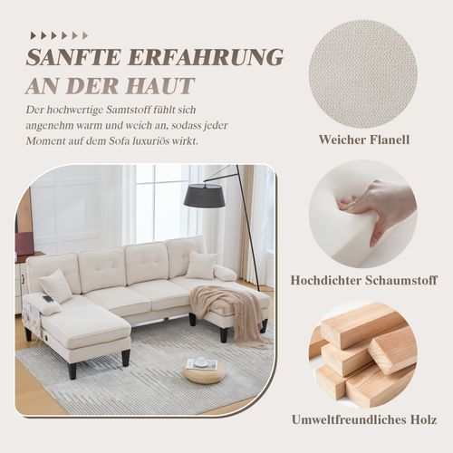 Canapé U 4 Places En Lin Beige Avec Double Chaise Longue, Coussins Confortables Et Dossier Moderne