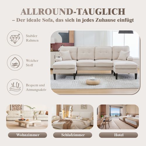 Canapé U 4 Places En Lin Beige Avec Double Chaise Longue, Coussins Confortables Et Dossier Moderne
