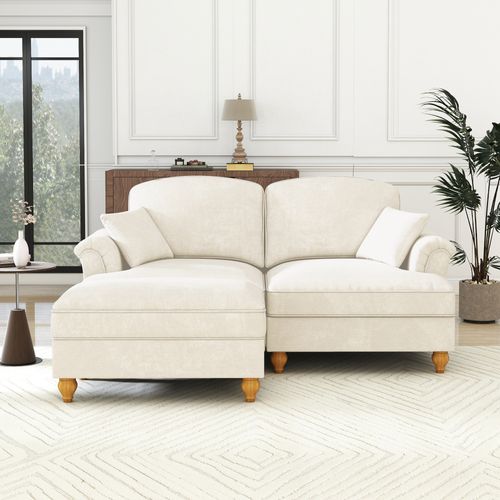 Canapé Modulable 2 Places En L En Chenille Blanche Avec Coussin, Pieds Fuseaux Et Tabouret Mobile