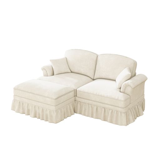 Canapé Modulable 2 Places En L En Chenille Blanche Avec Coussin, Pieds Fuseaux Et Tabouret Mobile