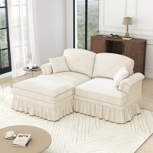 Canapé Modulable 2 Places En L En Chenille Blanche Avec Coussin, Pieds Fuseaux Et Tabouret Mobile