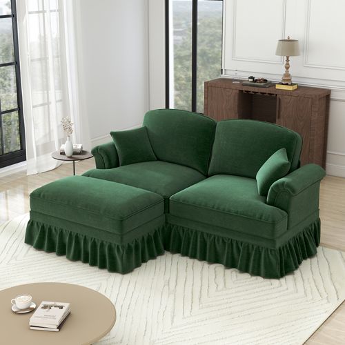 Canapé Modulable 2 Places En L En Chenille Verthe Avec Coussin, Pieds Fuseaux Et Tabouret Mobile