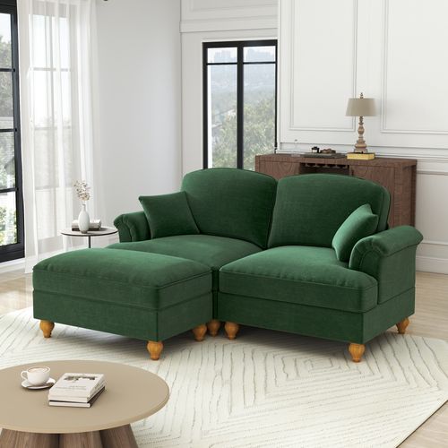 Canapé Modulable 2 Places En L En Chenille Verthe Avec Coussin, Pieds Fuseaux Et Tabouret Mobile