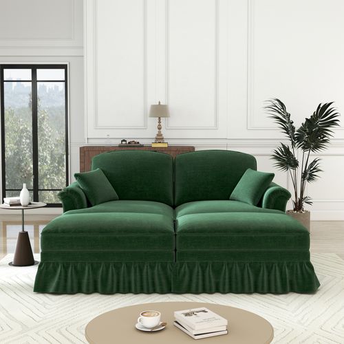 Canapé Modulable 2 Places En Chenille, Accoudoirs Coniques Et Jupe Détachable, Vert