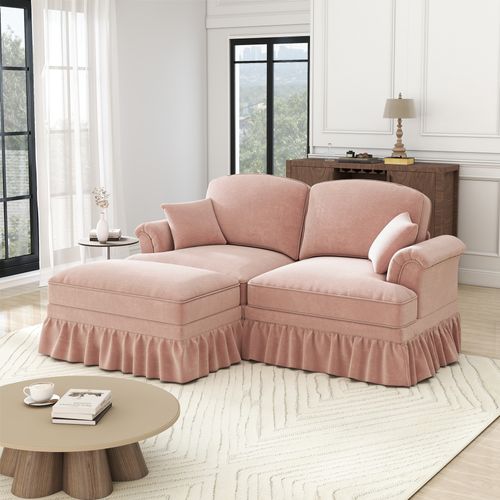 Canapé Modulable 2 Places En L En Chenille Rosehe Avec Coussin, Pieds Fuseaux Et Tabouret Mobile