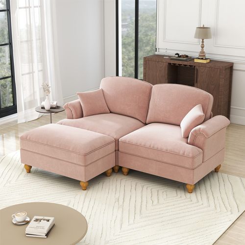 Canapé Modulable 2 Places En L En Chenille Rosehe Avec Coussin, Pieds Fuseaux Et Tabouret Mobile