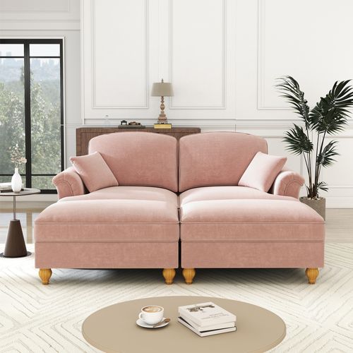 Canapé Modulable 2 Places En Chenille, Accoudoirs Coniques Et Jupe Détachable, Rose