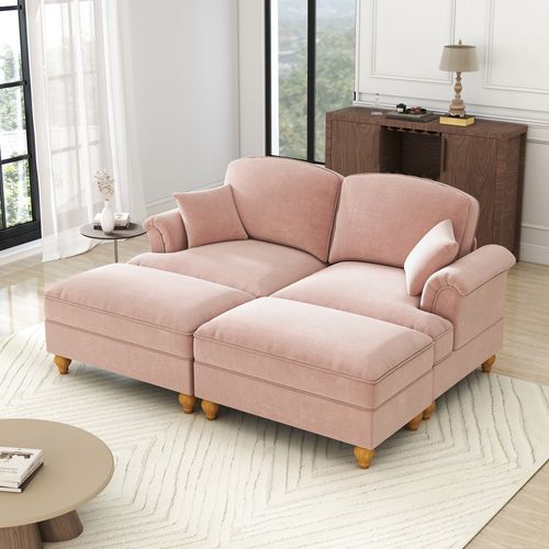 Canapé Modulable 2 Places En Chenille, Accoudoirs Coniques Et Jupe Détachable, Rose