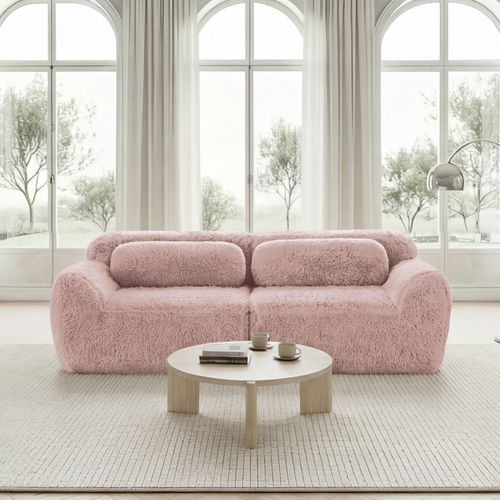 Canapé Modulable 2 Places En Tissu Peluche, Doux Et Confortable, Rassemblable Avec Ottoman, Rose