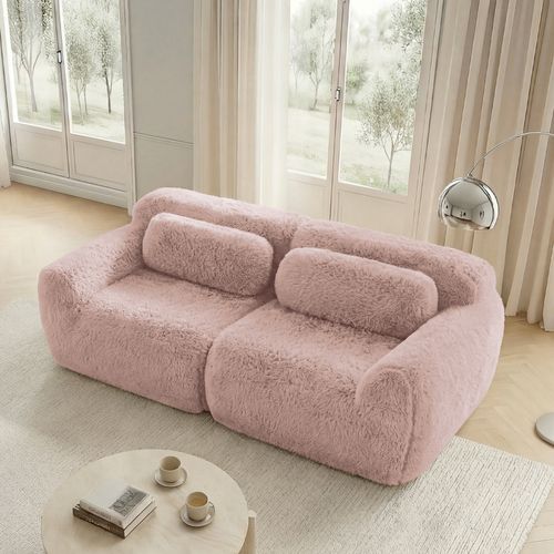 Canapé Modulable 2 Places En Tissu Peluche, Doux Et Confortable, Rassemblable Avec Ottoman, Rose
