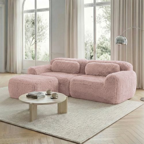 Canapé Modulable En L 2 Places En Tissu Peluche, Sans Accoudoirs, Doux Et Confortable, Rose