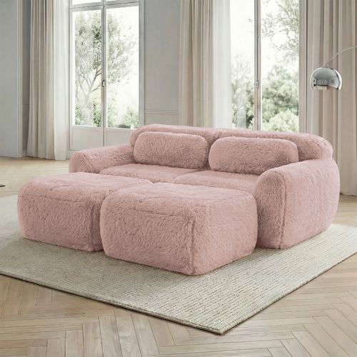 Canapé Modulable 2 Places En Peluche Avec 2 Ottomans, Modulable, Confortable Et Cosy, Rose