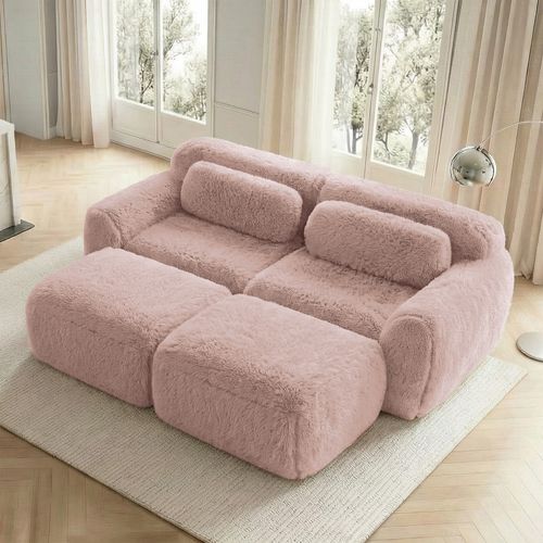 Canapé Modulable 2 Places En Peluche Avec 2 Ottomans, Modulable, Confortable Et Cosy, Rose