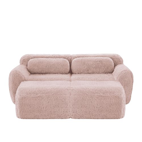Canapé Modulable 2 Places En Peluche Avec 2 Ottomans, Modulable, Confortable Et Cosy, Rose