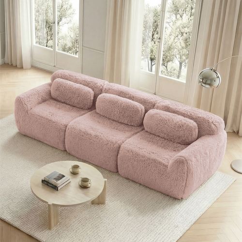 Canapé Modulable 3 Places En Peluche, Ergonomique Et Sans Montage, Confortable, Rose