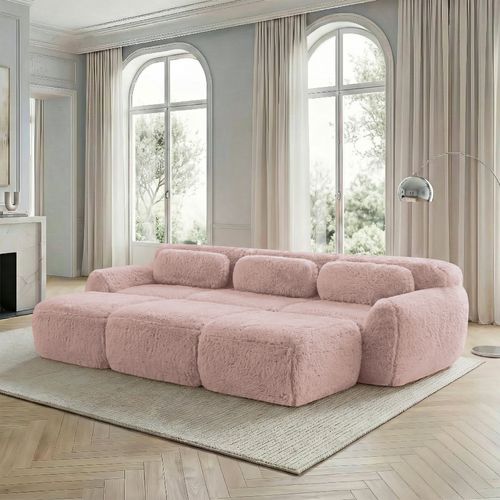 Canapé Modulable 3 Places En Peluche Avec 3 Ottomans, Confortable, Design Cosy, Rose